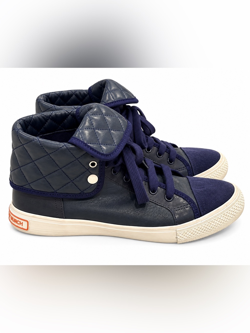 Tory Burch Quilted Navy High-Top Leather Sneakers